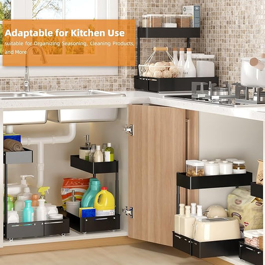 2Packs Under Sink Organizer with Adjustable Height and Width, Under Cabinet Organizer to Tidy, Sturdy Metal Design for Kitchen and Bathroom