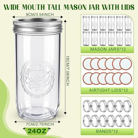 Mason Jars 24 oz Wide Mouth with Measurement Marks–12Pack Glass Canning Jars with Airtight Leakproof Lids & Bands, BPA-Free for Meal Prep, Fermentation, Pickling & Storage (clear 12pack 24oz)