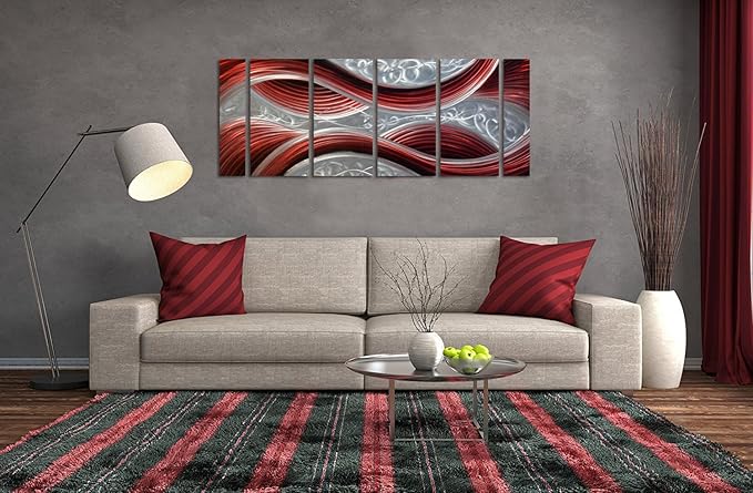 Handmade Abstract Metal Wall Art with Soft Color, Large Scale Decor in Dark Red Line Design Metal Art, 3D Artwork for Indoor Outdoor Wall Decorations, Decorative hanging in 6-Panels Measures 24"x 65"