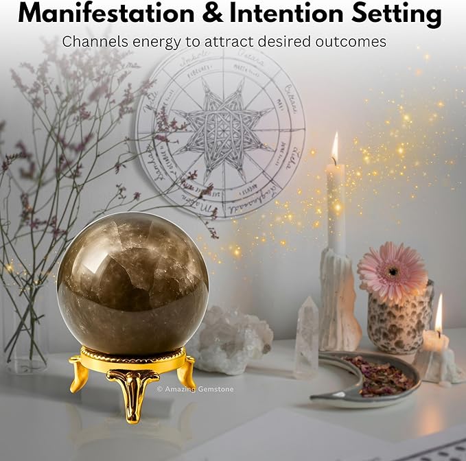 Amazing Gemstone Smoky Quartz Crystal Ball with Stand - 1.5 Inches Crystal Sphere Meditation Balls for Witchcraft and Decorative Balls