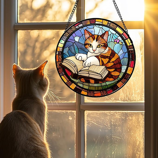 Stained Glass Window Hanging Little Cat Reading Large 11.8" - Suncatcher Door Garden Kitchen Sunroom Sun Catcher Home Decor Birthday for Lost Pets Mom Grandma Men Woman Friend