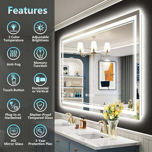 50x40 LED Bathroom Mirror with Lights, Backlit and Front Lit, Anti-Fog Lighted Vanity Mirrors for Bathroom Wall, Dimmable, 3-Color Light, Memory, Shatter-Proof, HD Tempered Glass, CRI>90