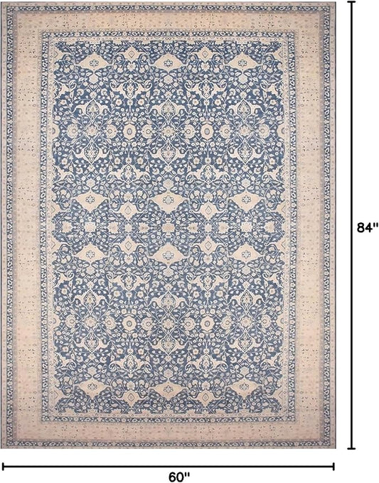 vivorug 5x7 Area Rugs - Ultra-Thin Washable Rug with Non-Slip Backing, Ideal for Living Room, Bedroom, Dining Room Indoor - Vintage Floral, Easy Clean, Durable, Low Pile Rug Blue