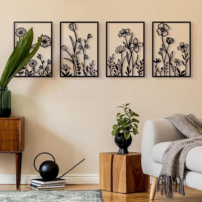 Sokurdeg Black Metal Flowers Wall Decor, Minimalist Floral Metal Wall Hanging Art, Black Abstract Rustic Flower Line Wall Sculptures for Bedroom Bathroom Living Room (4 Pcs, 15.7 x 22.5 in)