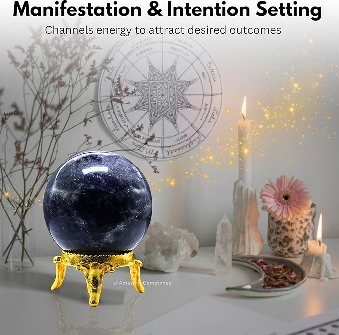 Amazing Gemstone Iolite Crystal Ball with Stand - 1.5 Inches Crystal Sphere Meditation Balls for Witchcraft and Decorative Balls
