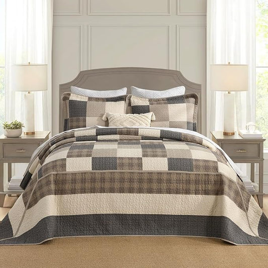 Oversized King Bedspread 128"x120" - 100% Cotton Lightweight California King Quilt with 2 Pillowshams, Printed Plaid Extra Wide Quilted Bedding Coverlet for All Season, Charcoal/Beige/Brown