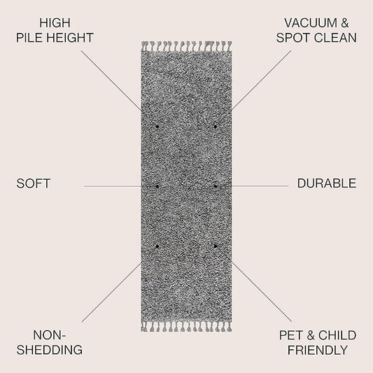 JONATHAN Y Mercer Shag Plush Tassel Charcoal Runner Rug, 2x8, Contemporary, Modern, Easy-Cleaning for Living Room, Bedroom, Kitchen, Pet Friendly, Non-Shedding (MCR100B-28)