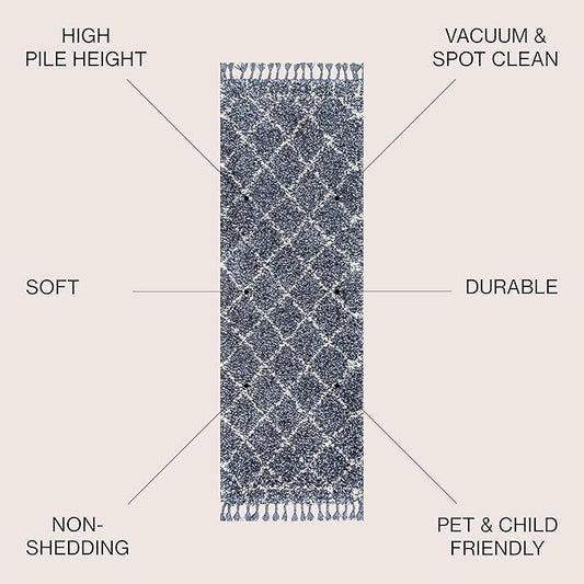 JONATHAN Y Mercer Shag Plush Tassel Blue/Cream Runner Rug, 2x8, Moroccan Geometric Trellis, Easy-Cleaning for Living Room, Bedroom, Kitchen, Pet Friendly, Non-Shedding (MCR101A-28)