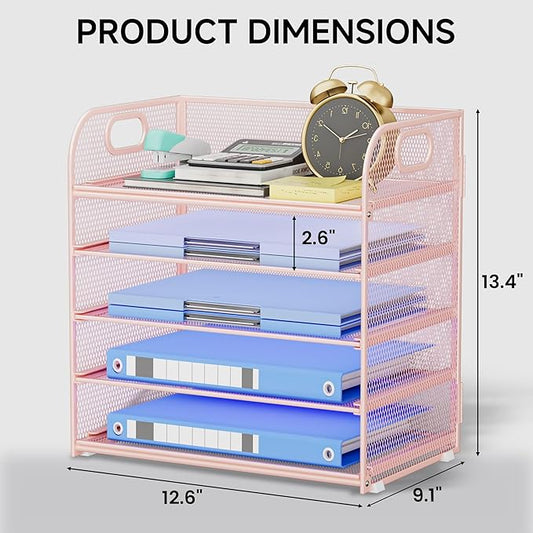 5-Tier Stackable Paper Organizer with Handle, Pink Metal Mesh Letter Tray | Stylish Desk File Sorter for Office, Home & Classroom Supplies
