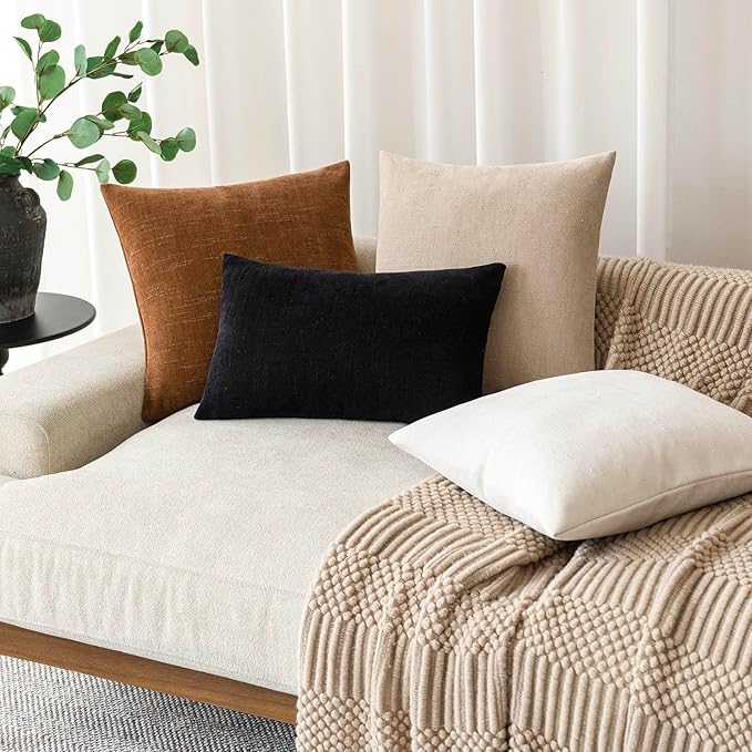 Foindtower Pack of 2 Soft Textured Chenille Throw Decorative Pillow Covers Square Accent Solid Cushion Cover Cozy Farmhouse Pillow Case with Zippe for Couch Sofa Bed Living Room 22x22 Inch, Bronze