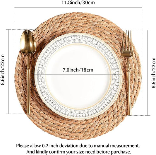Round Woven Placemats 12 inch Set of 4 - Boho Rattan Placemat Natural Water Hyacinth Placemats, Farmhouse Weave Place Mats, Rustic Braided Wicker Table Mats for Dining Table,Home,Wedding