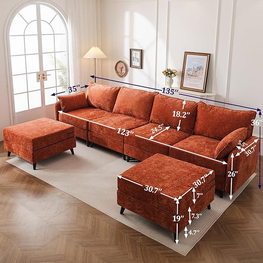 135'' Modular Sectional Sofa with Seats Storage, Oversized U Shaped Couch for Living Room,4-Seater Comfy Cloud Couches with Deep Seat,Movable Ottoman,2 Throw Pillow,Chenille,Orange