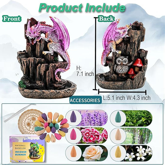 Dragon Backflow 2 Sided Mountain Waterfall Incense Burner,Fountain Smoke Incense Holder with Backflow Incense Cones, Tweezers, Mat,Resin Aromatherapy Meditationvaiuk (Purple)
