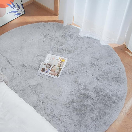 Silver Grey Round Rugs 8ft Shag Washable Area Rugs for Bedroom Faux Bunny Fur Circle Rug for Living Room Large Sheepskin Nursery Rug Home Décor