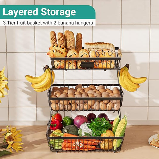 3 Tier Fruit Basket for Kitchen Counter with 2 Banana Hangers, Countertop Metal Fruit Bowl with Wooden Handle, Large Storage Stand for Vegetables, Snacks, Breads, Produce Storage – Black