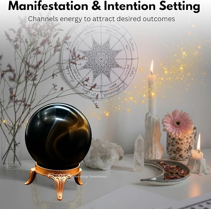 Amazing Gemstone Black Onyx Crystal Ball with Stand - 1.5" Inches Crystal Sphere Meditation Balls for Witchcraft and Decorative Balls