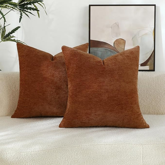 Terracotta Chenille Decorative Couch Throw Pillow Covers, Soft Cushion Cases for Home Livingroom Sofa Décor, Pack of 2, 14 x 14 Inches