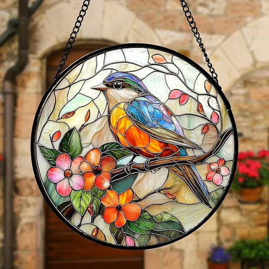DASTOLL Stained Glass Window Hanging, Blue Bird Pink Flower Suncatcher Diamond Glass Panel Bird Sun Catchers Decor for Birthday for Women, Men, Wife, Aunt, and Mom 11.8x11.8 in
