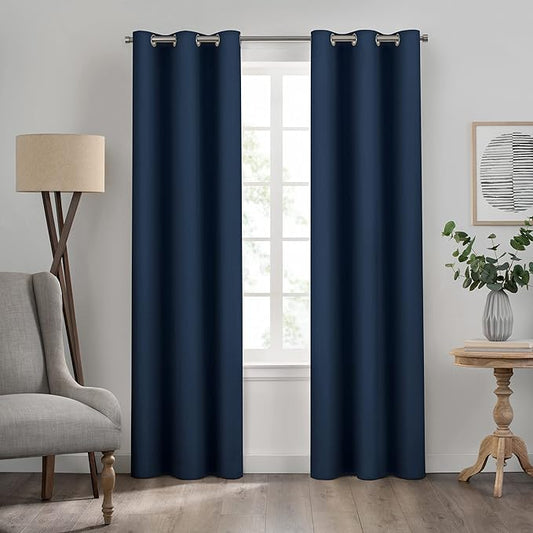 Eclipse Kendall Solid Textured Blackout Thermal Insulated Lining Grommet Window Curtain for Bedroom (1 Panel), 42 in x 84 in, Denim