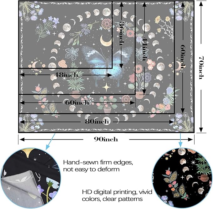 Fowocu Blue Butterfly Moon Flower Tapestry Boho Floral Plant Tapestries for Bedroom Aesthetic Nature Tapastry's Wall Hanging Mandala Botanical Wall Tapestry for Living Room Dorm (Blue, 48'' × 36'')