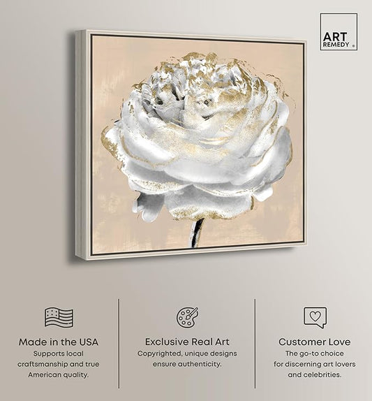 Art Remedy Beige Ranunculus Canvas Elegant White Gold Wall Art, Silver Frame, 30" x 30"