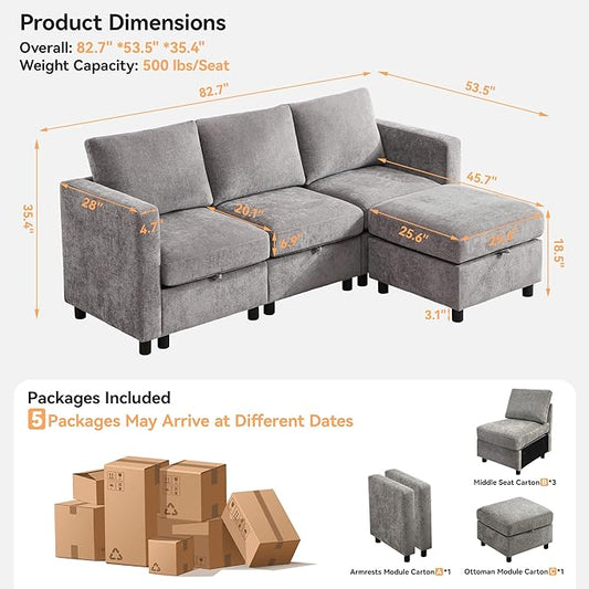 83' Modular Sectional Sofa Convertible L Shaped Couch Set for Living Room, 4 Seat Storage Modular Sofa with Movable Ottoman, Chenille(Light Grey)