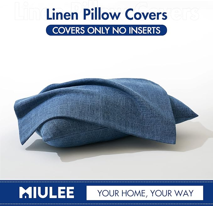 MIULEE Pack of 2 Decorative Linen Burlap Coastal Pillow Covers Farmhouse Accent Pillowcases for Sofa Car Couch Bedroom Living Room Decor 12x20 Inch Blue
