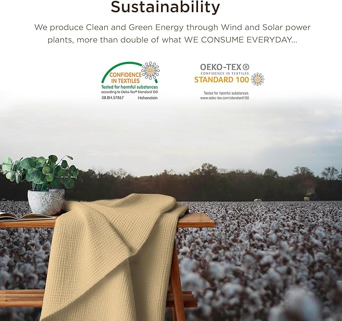 Threadmill Muslin Throw Blanket | 4 Layer 100% Cotton Gauze | Lightweight, Breathable, and Soft All Season Blanket | 50 x 65 Cozy Throw for Sofa, Couch & Bed | Beige