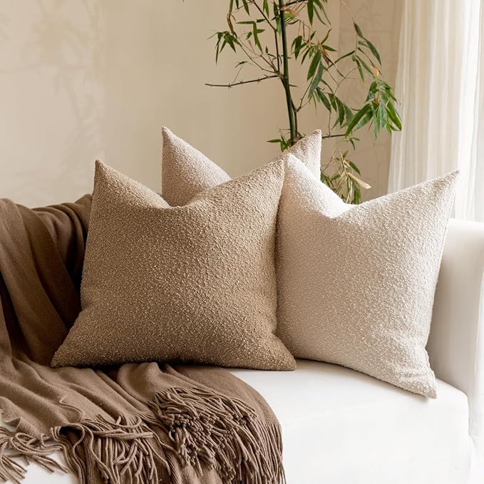 Boucle Decorative Throw Pillow Covers for Couch Set of 2, 20x20 inches, Camel