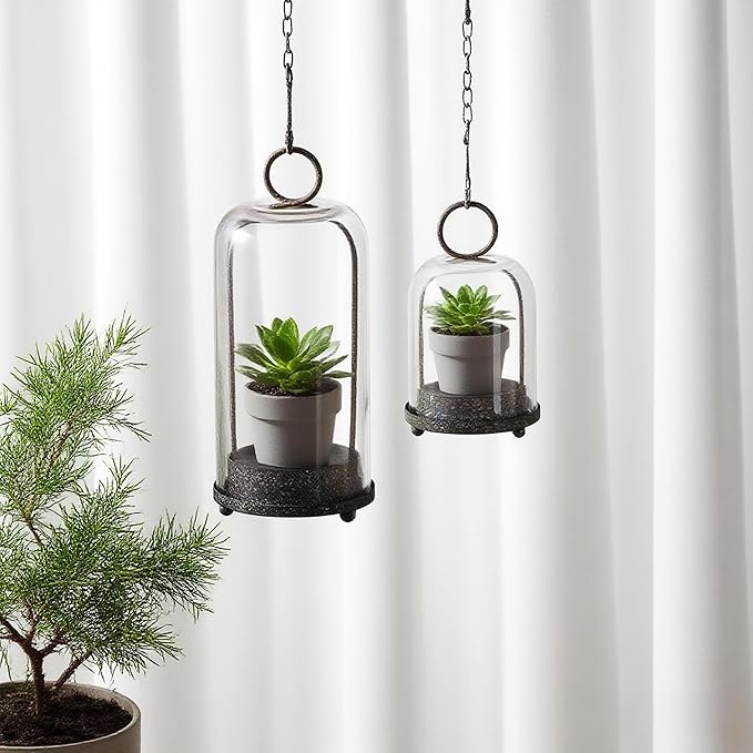 6" & 4" Wide Versatile Modern Metal Hurricane Lantern with Handmade Sturdy Glass Dome in Rustic Brown for Pillar Candle & Plants, Industrial, Farmhouse, Shabby Chic (Brown, 4"x7.5" &6.3"x11.2")