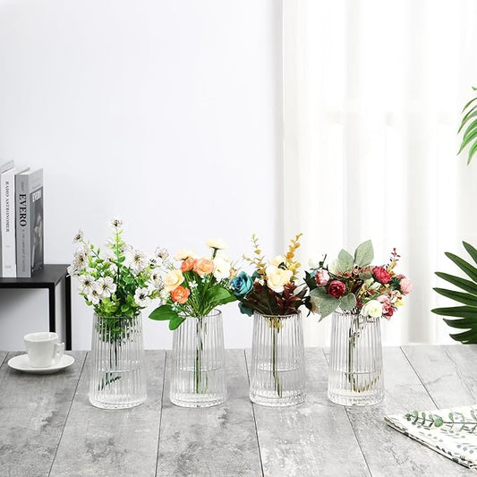 Clear Glass Vases Set of 4, Small Vases for Flowers, Flower Vase for Bouquet, Modern Ribbed Glass Vase for Living Room, Bedroom, Dining Table, Office, Wedding, Centerpieces
