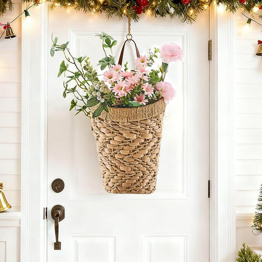 Handwoven Front Door Basket Water Hyacinth Wall Hanging Basket Decorative Boho Mounted Organizer for Dried Flower Plants Storage Basket for Garden, Home, and Farmhouse Décor