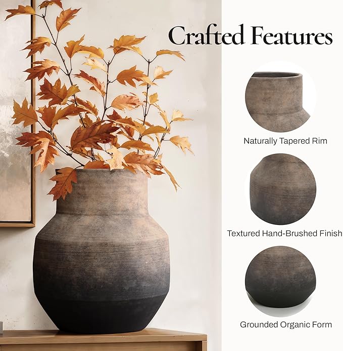 LuxenHome Rustic Ceramic Flower Vase – 11 Inch Round Decorative Vase