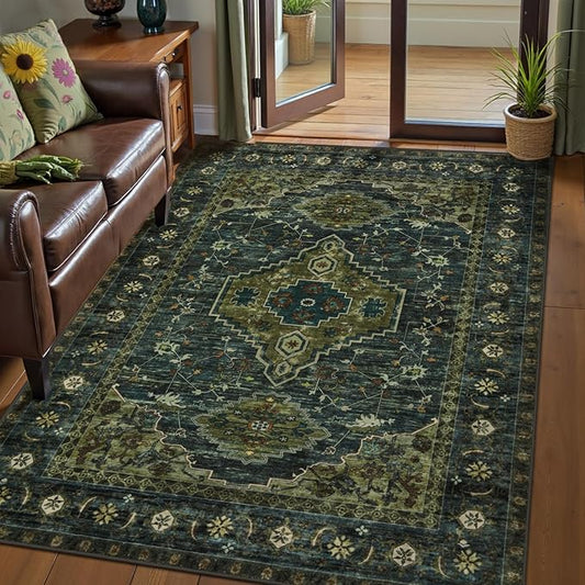 Tangsoo Washable Rug 4x6 Area Rug, Oriental Rug Indoor for Living Room, Non Slip Machine Washable Large Rugs, Soft Print Distressed Olive Green Carpet for Bedroom Dining Room Dorm Office