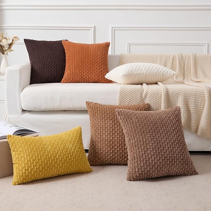 Kevin Textile Decorative Pillow Covers Set of 2 Striped Plush Corduroy Pillows Pillowcases Boho Home Decor Cushion Covers for Couch Sofa Bed Living Room 20x20 Inch, Coffee