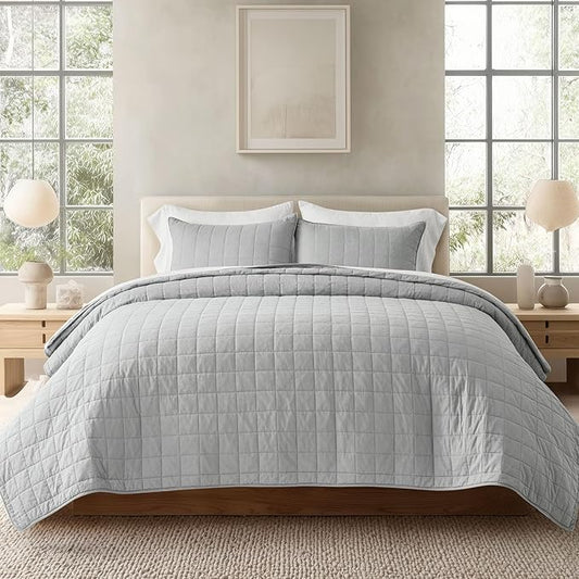 EVERGRACEHOME 100% Cotton Box Stitch Quilt Bedding Set Queen Size 3 Pieces, Garment-Washed Lightweight Soft Cozy Coverlet, Quilted Bedspread Sets with 2 Shams for All Season, Fog Gray