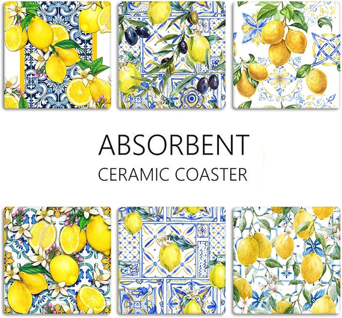 Coasters for Drinks Set of 6, Yellow Lemon Fruit Blue Ceramic Tiles Pattern Absorbent Square Ceramic Stone Mat, with Cork Base and Metal Holder, Gift for Housewarming Room Bar Decor