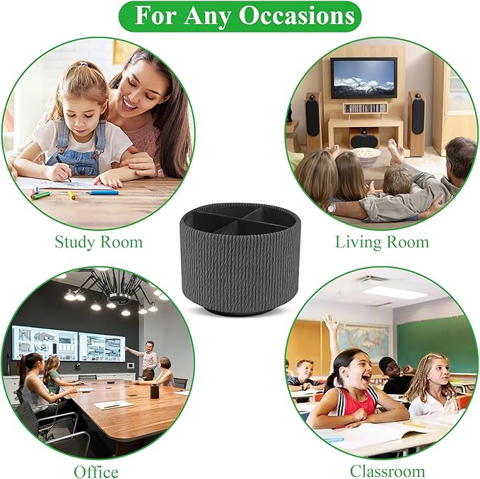 Round Leather Art Supply Organizer,Remote Control Holder,360 Degree Spinning,Multi-Functional Pencil Holder,4 Compartments Desktop Stationary Organizer(1-Wood Black)