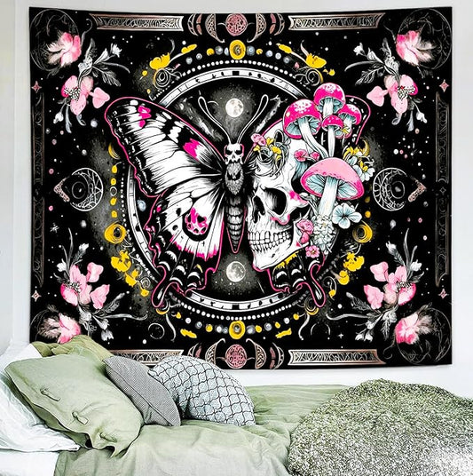 Delur Skeleton Butterfly Tapestry Pink Goth Skull Hippie Mushroom Plants Floral Boho Tapestry Fantasy Abstract Moon Phase Flower Wall Hanging Headboard for Bedroom Living Room Home Decor (59.1" x 78.7")