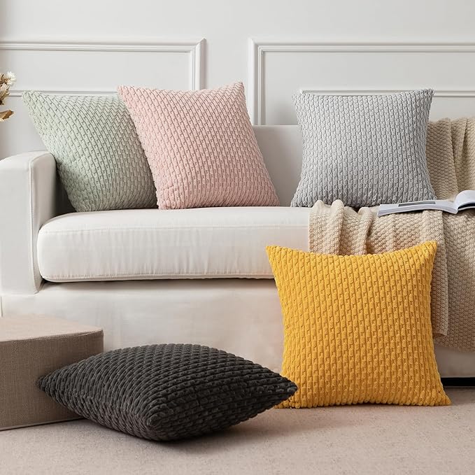 Kevin Textile 2 Packs Decorative Throw Pillow Covers for Couch Striped Velvet Boho Cushion Covers for Chair 40x40 cm 16 x 16 Inch Yellow