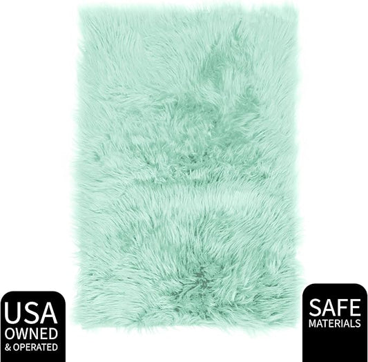 2 x 3 ft Fluffy Mint Green Rug – Soft Faux Fur Rug for Bedroom, Living Room, or Entryway – Cozy Faux Sheepskin Accent for Home Decor