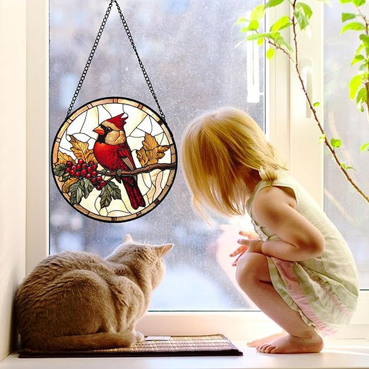 DASTOLL Stained Glass Window Hanging, Birds on a Branch Cardinal Sun Catchers Diamond Glass Panel Hangings Suncatcher Decor for Birthday for Women, Men, Wife, Aunt, and Mom 9.8X9.8IN