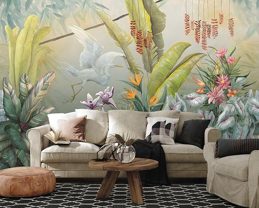 Hand-Painted Colorful Leaves Wall Mural, White Cranes Playful Leaves Wallpaper, Wall Decorations(Non-self-Adhesive)