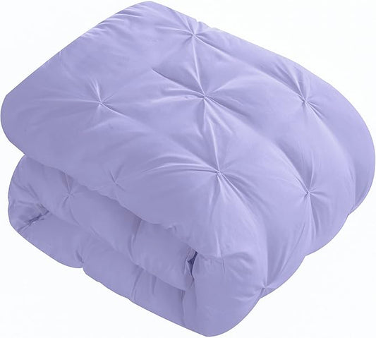 EVOLIVE 4pc Set Pinch Pleat/Kiss Pleat, Pintuck Down Alternative Comforter Set with Pompom (Full/Queen, Purple)