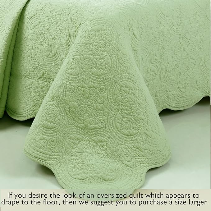 Cozy Line Home Fashions 100% Cotton Medallion Matelasse Embossed Bedding Quilt Set, Reversible Lightweight Bedspread, Coverlet for All Season (Blantyre - Green, Queen - 3 Piece)
