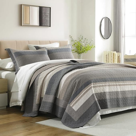 100% Cotton Quilts King Size, King Quilt Bedding Set Bedspread, Striped Quilt for King Bed, 3 Pieces Farmhouse Reversible Lightweight Comforter Bed Spread, Brown/Beige/Taupe