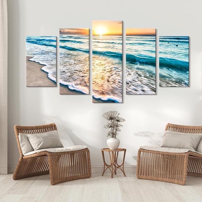Goldfoilart 5 Pieces Beach Coastal Wall Art Sea Sunset Seascape Pictures Ocean Photography Canvas Large Horizontal Landscape Multi Framed Artwork for Bedroom Living Room Bathroom Wall Decor