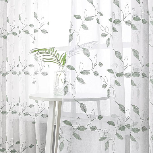 Tollpiz Sage Green Leaf Sheer Tier Curtains Leaves Embroidered Kitchen Short Curtain Rod Pocket Voile Bathroom Curtains for Cafe, 30 x 24 inches Long, Set of 2 Panels