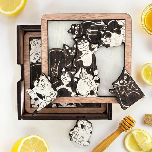 02 Cats Wooden Puzzle Coasters – Cat Lover Gift, Unique Wood Drink Coasters - Cat Puzzle Coasters - Interlocking Jigsaw Drink Mats with Laser-Cut Design