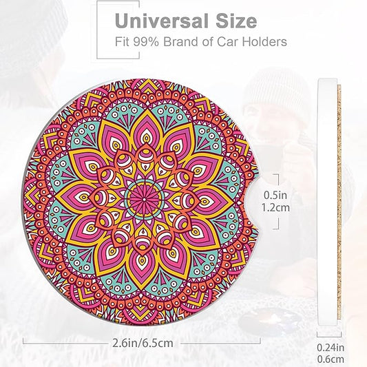 Boho Mandala Car Coasters for Women 2 Pack,Vintage Flower Ottoman Absorbent Car Coasters for Cup Holders Insert Ceramic Anti Slip with Finger Notch & Cork Base Auto Accessories Gifts